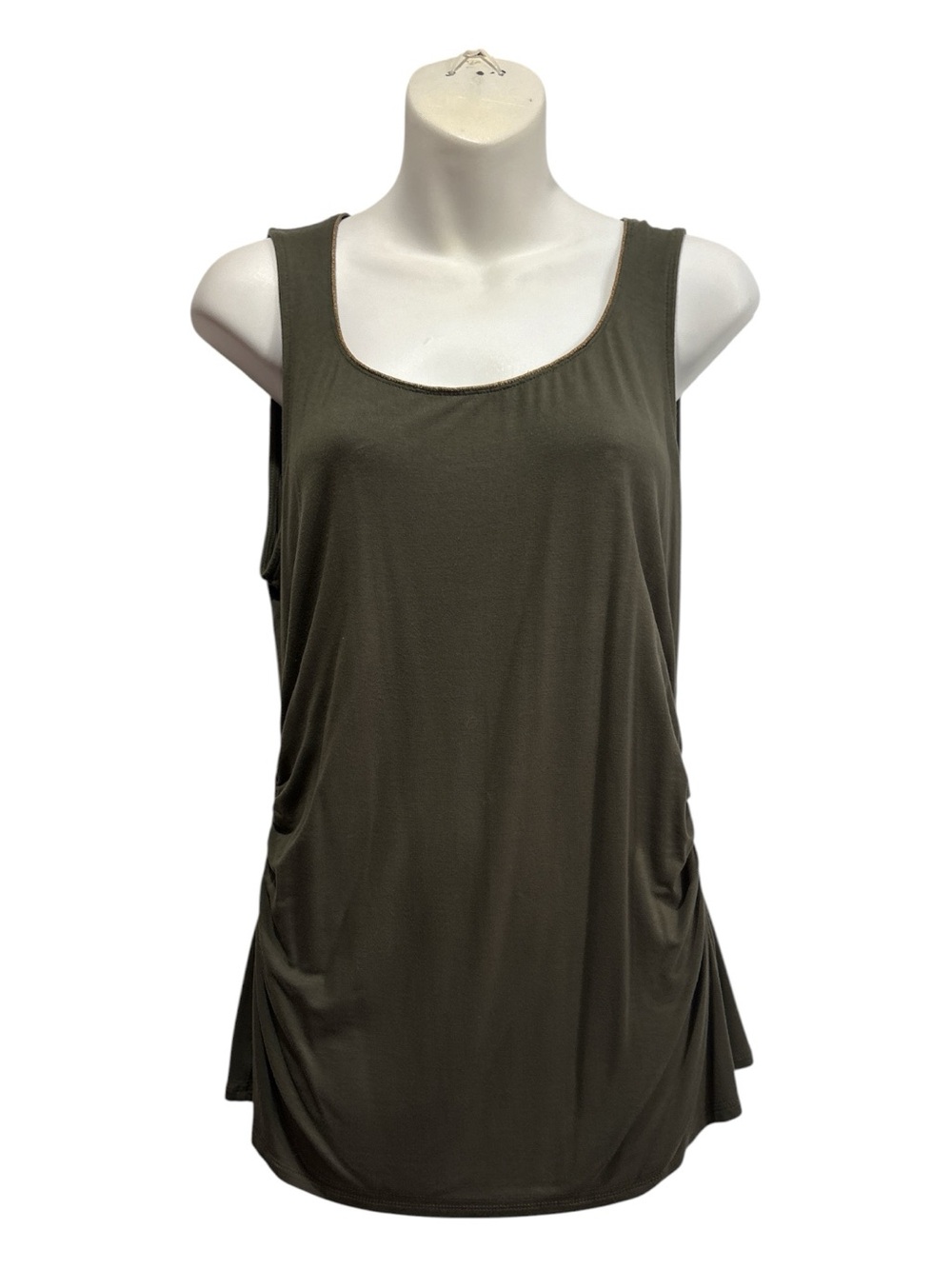 White House Black Market Olive Scoopneck Tank w/gold trim & Side Gather sz Med